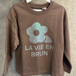 Zara Brown Long Sleeve Kids Tee with Floral Print